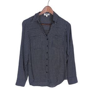 Express Portofino Navy Blue White Polka Dot Long Sleeve Shirt Women's
